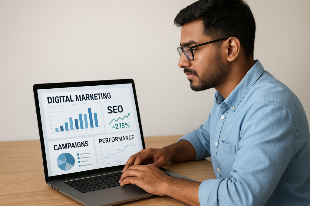 Freelancer analyzing digital marketing reports and campaign performance on a laptop.