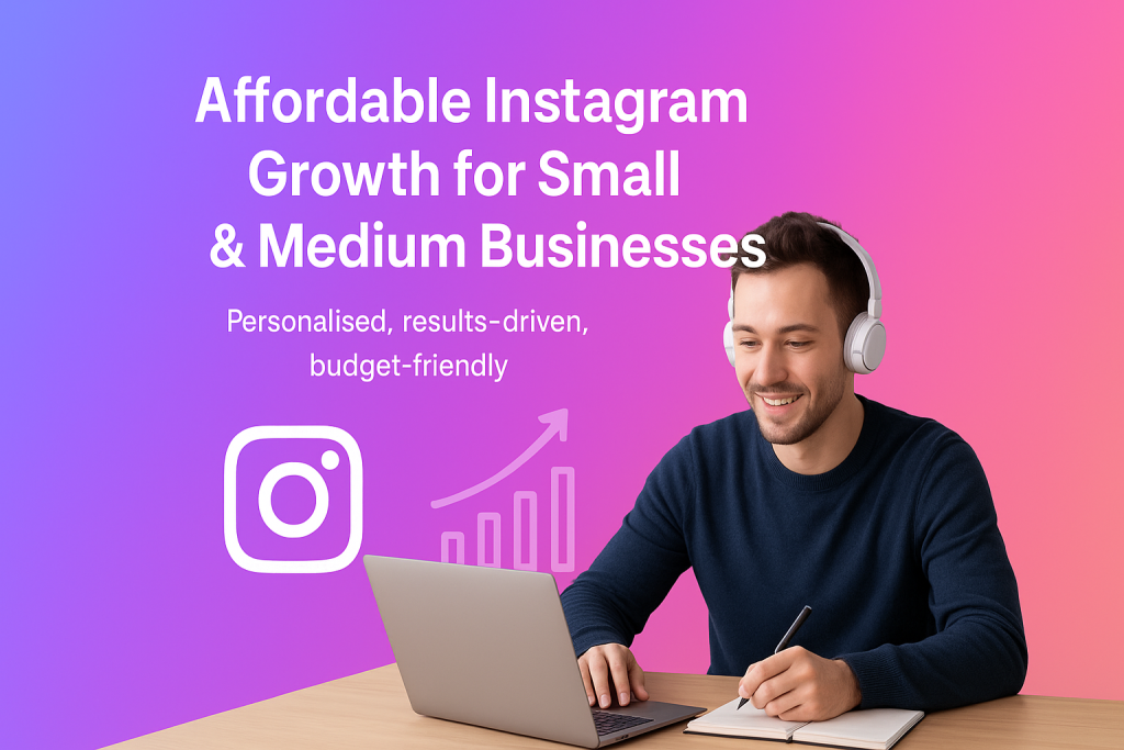 A smiling digital marketing specialist wearing white headphones working on a laptop and writing in a notebook, set against a vibrant purple and pink gradient background. Overlayed text reads "Affordable Instagram Growth for Small & Medium Businesses."
