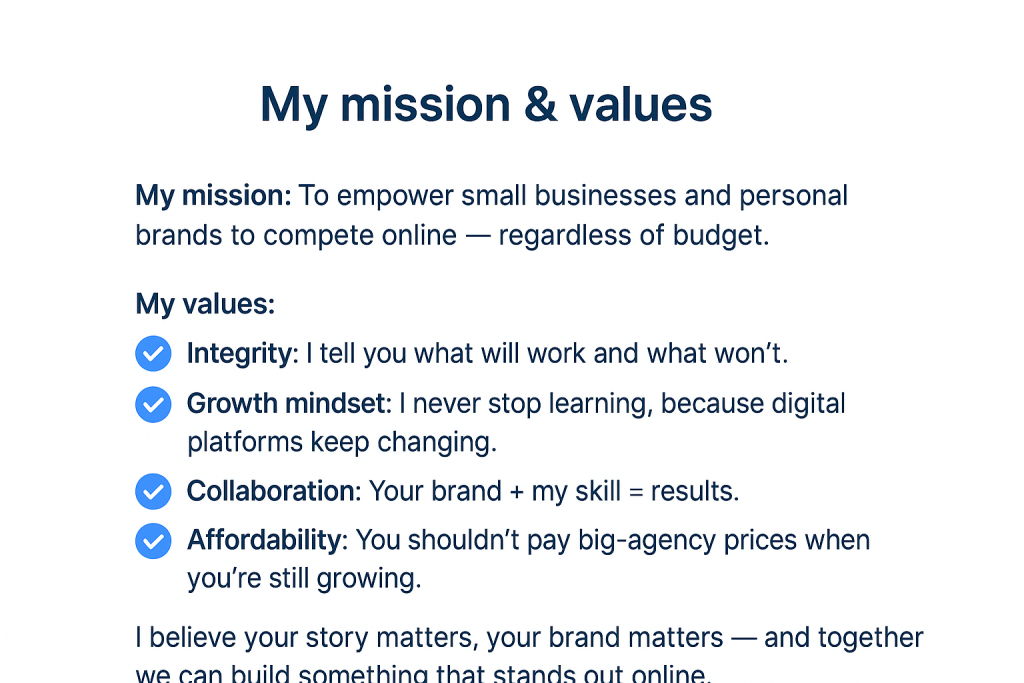 A text graphic outlining the digital marketing mission to empower small businesses to compete online and four core values: Integrity, Growth mindset, Collaboration, and Affordability.