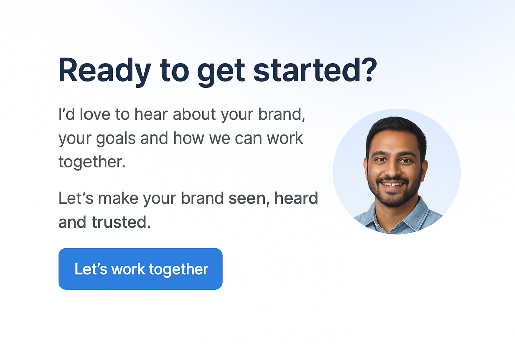 A friendly call-to-action section with a smiling headshot of digital marketing specialist Aditya Kendre and a blue button that says "Let's work together." The text asks, "Ready to get started?"