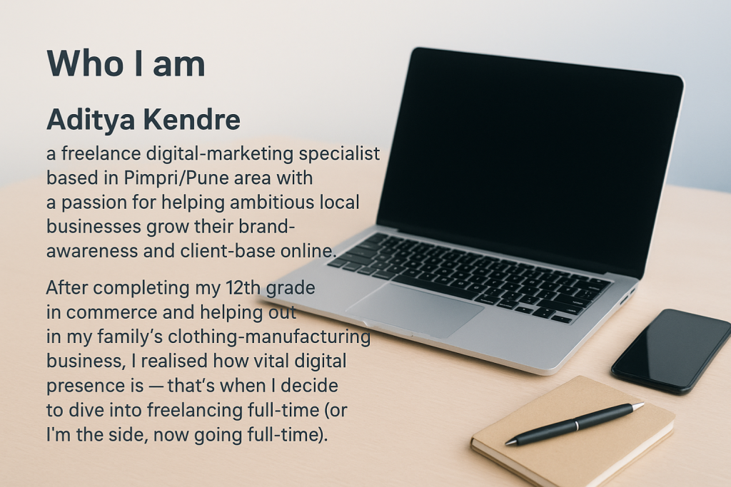 A close-up shot of a silver laptop open on a wooden desk next to a smartphone and a notebook with a pen. Overlayed text to the left reads "Who I am. Aditya Kendre, a freelance digital-marketing specialist based in Pimpri/Pune area...".